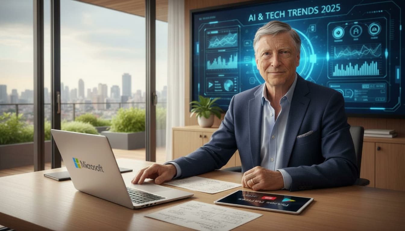 Portrait d'un entrepreneur technologique inspirant dans un bureau moderne éclairé par la lumière naturelle, affichant des logos Microsoft et Play Store