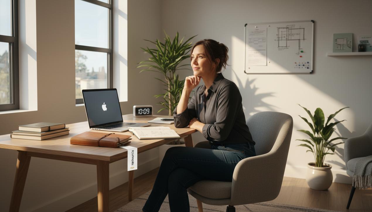Un entrepreneur moderne dans un bureau minimaliste inspiré par Steve Jobs, avec logo Apple visible sur ordinateur portable et ambiance lumineuse naturelle chaleureuse.
