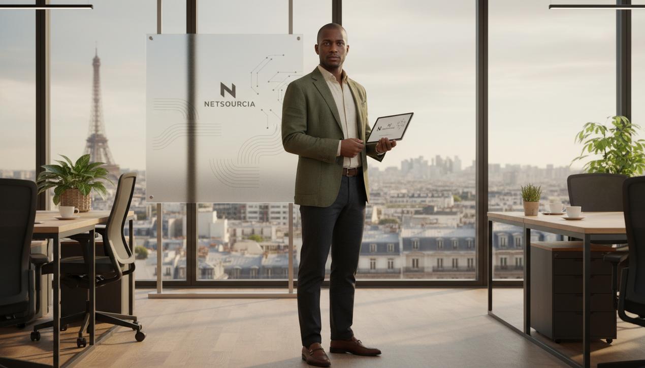 Entrepreneur confiant dans un bureau moderne lumineux symbolisant leadership, innovation, persévérance et succès en 2025.