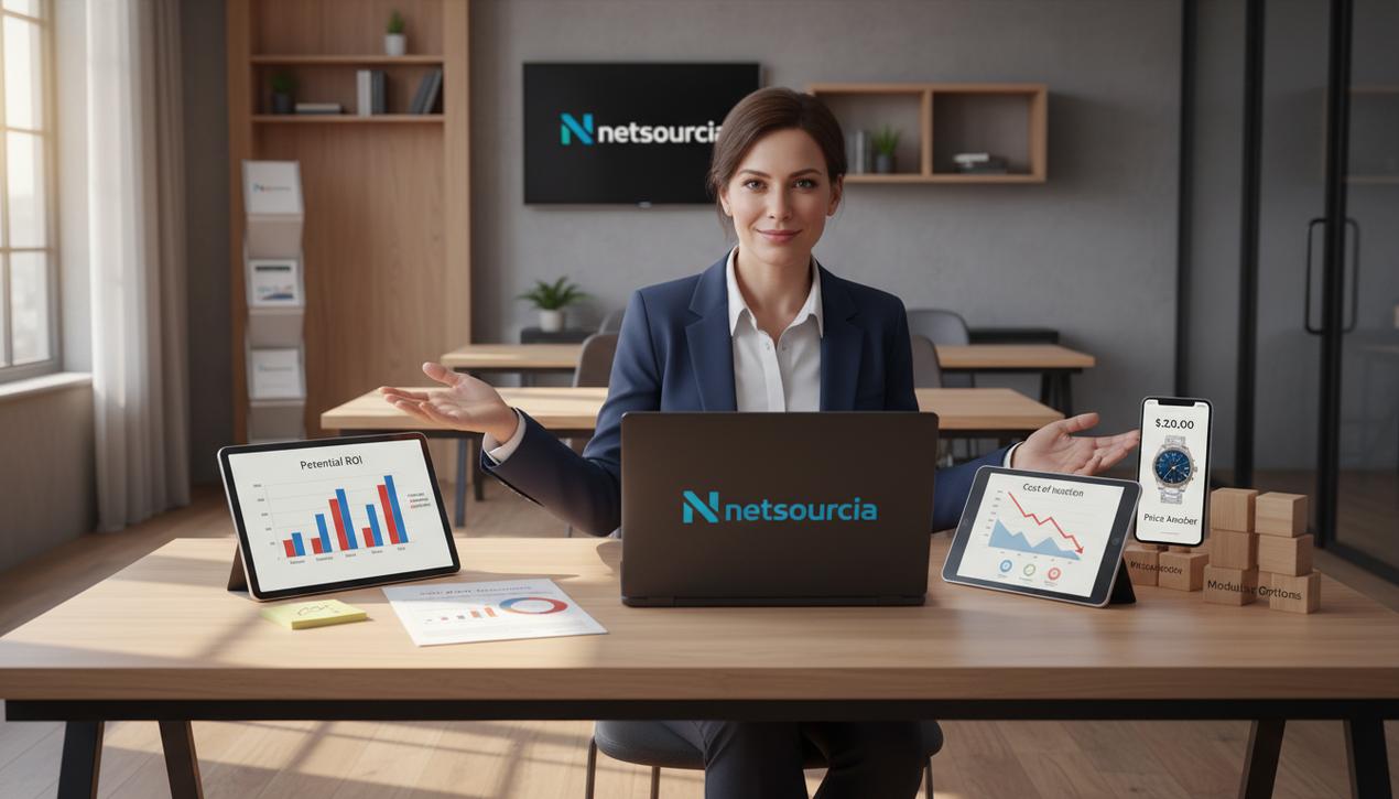 Scène lumineuse de négociation commerciale en bureau moderne avec un freelance utilisant un logiciel CRM Netsourcia illustrant six stratégies de réponse à l'objection prix en 2025