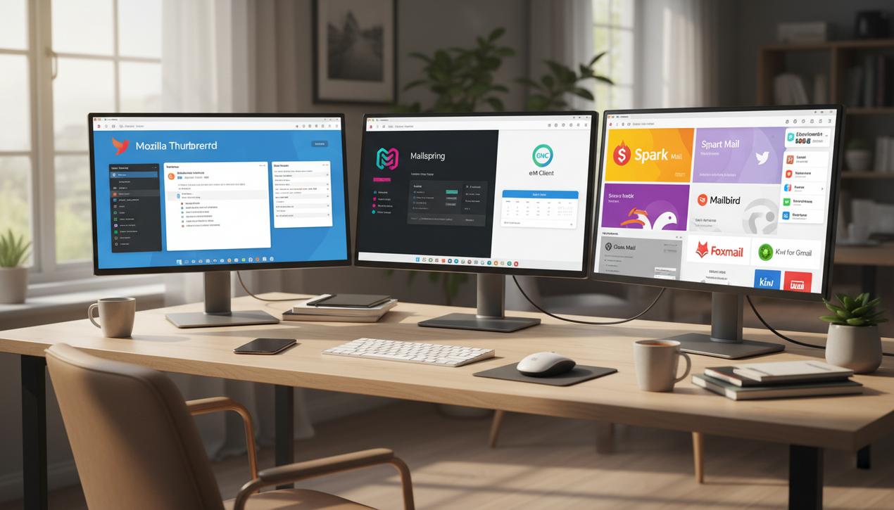 Bureau moderne en lumière naturelle avec plusieurs écrans affichant les interfaces des meilleurs clients mail gratuits en 2025.