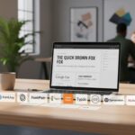 Un bureau moderne avec un ordinateur affichant des combinaisons harmonieuses de polices serif et sans serif, entouré des logos des principaux outils de typographie en 2025.