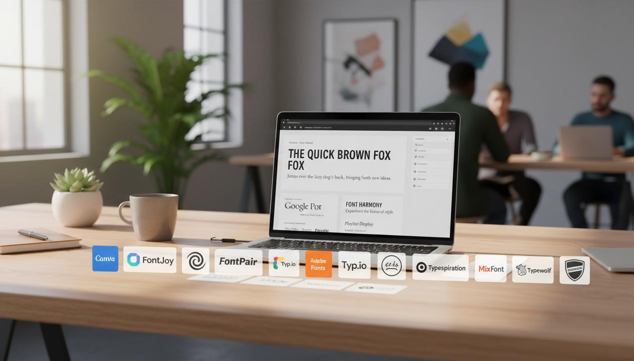 Un bureau moderne avec un ordinateur affichant des combinaisons harmonieuses de polices serif et sans serif, entouré des logos des principaux outils de typographie en 2025.