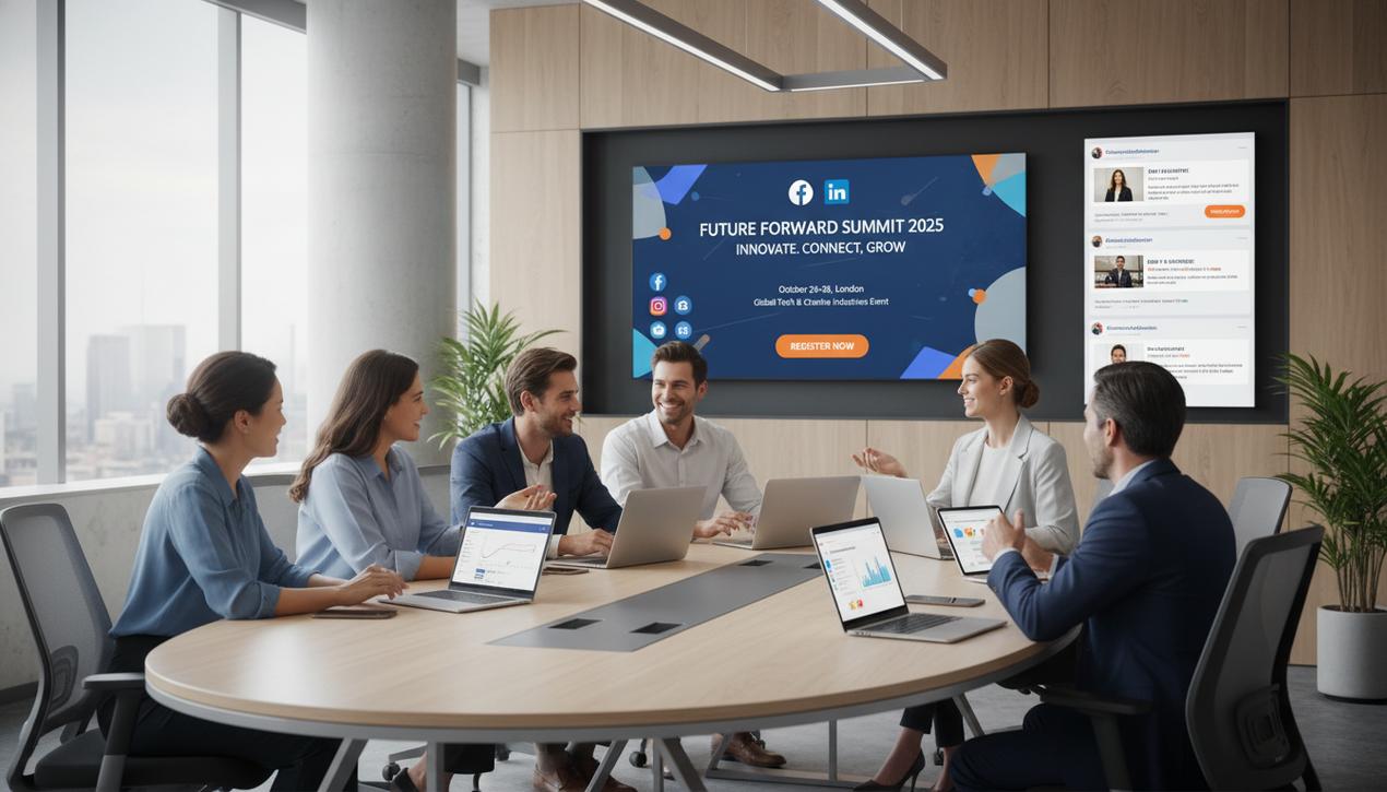 Scène professionnelle illustrant la communication événementielle en 2025 avec équipes, outils digitaux et stratégies multicanales impliquant Facebook, LinkedIn, Instagram et emailing.