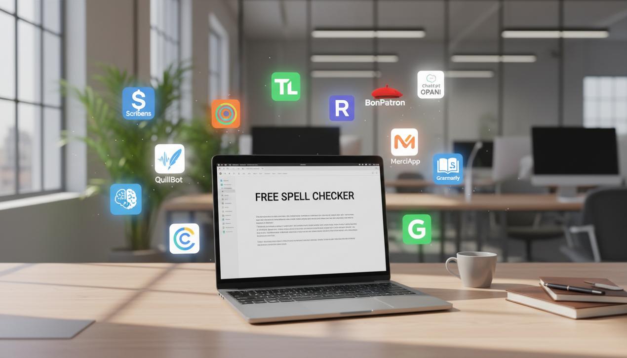 Espace de travail moderne avec ordinateur affichant un texte corrigé et logos colorés des meilleurs correcteurs d'orthographe gratuits en 2025, ambiance lumineuse naturelle et décor minimaliste.