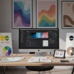 Bureau moderne avec palettes colorées et logos de marques connues illustrant l'importance du choix de couleur logo en 2025.
