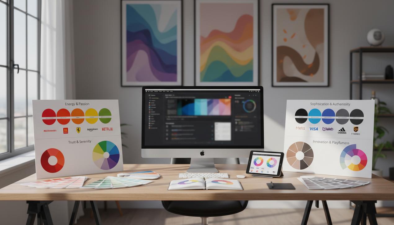 Bureau moderne avec palettes colorées et logos de marques connues illustrant l'importance du choix de couleur logo en 2025.
