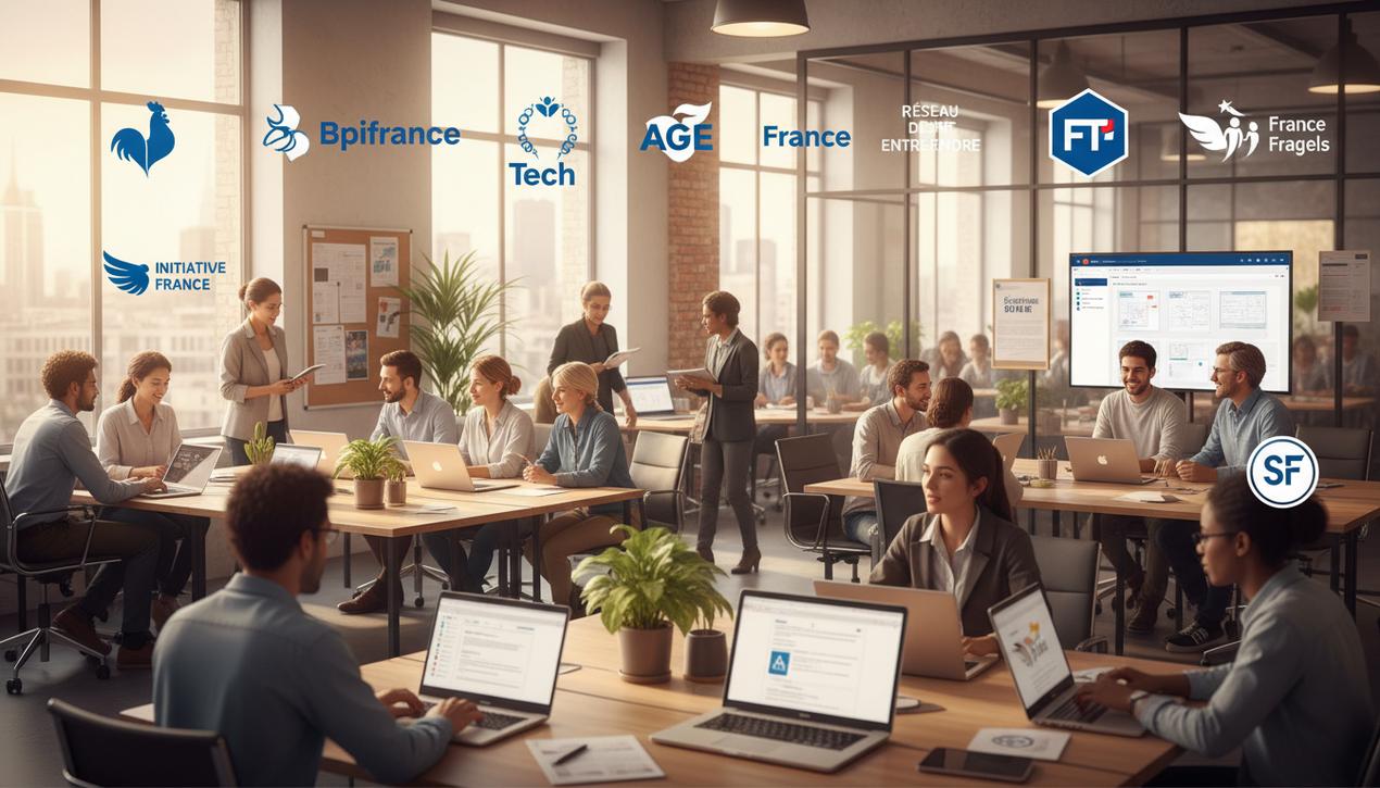 Vue dynamique d'un espace de coworking en France en 2025 avec des entrepreneurs accompagnés, logos clés intégrés et ambiance chaleureuse.