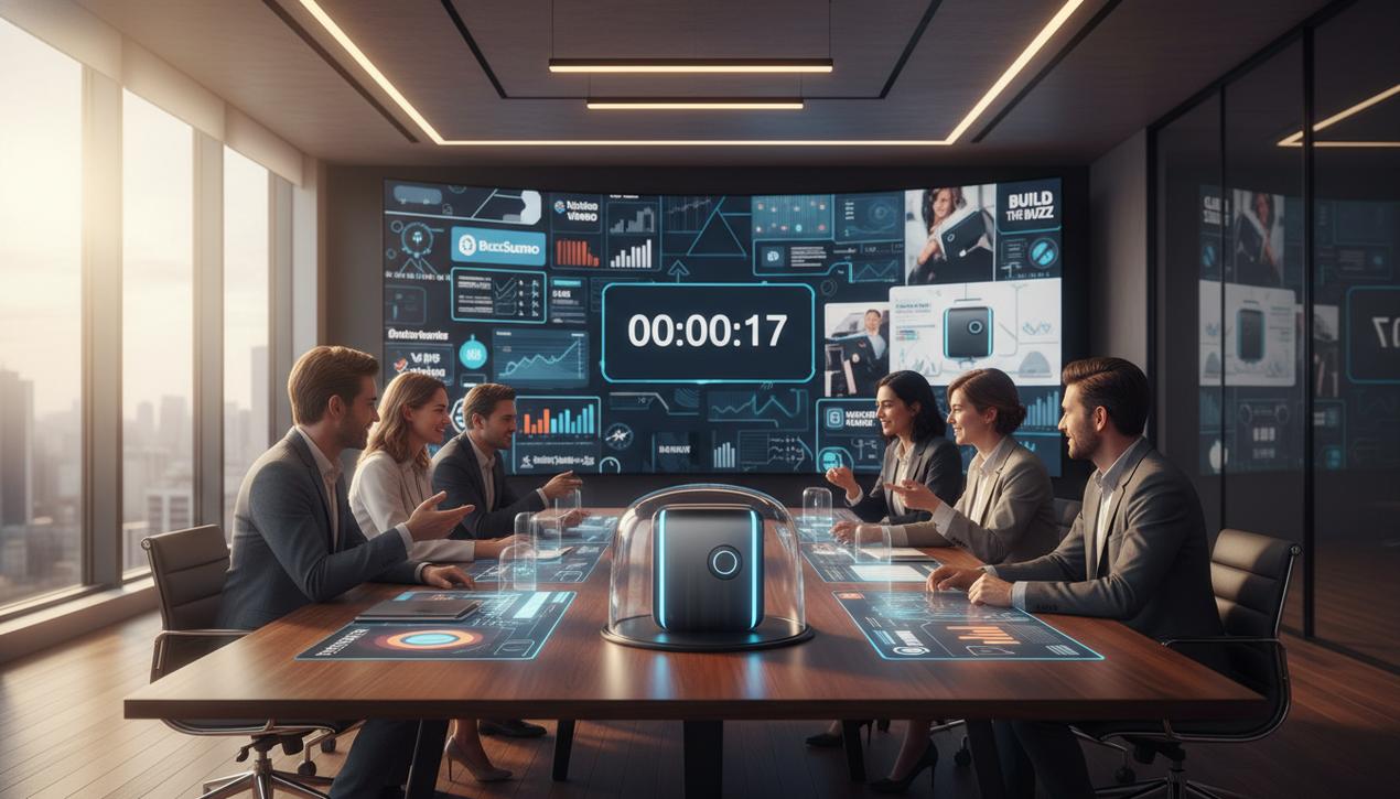Equipe marketing dynamique en pleine campagne de lancement de produit innovant en 2025 avec logos des outils BuzzSumo Kickstarter YouTube et Instagram dans un bureau lumineux moderne