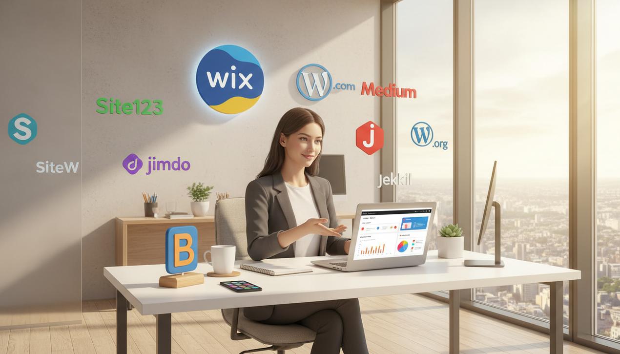Espace de travail moderne avec un professionnel utilisant un ordinateur portable affichant un tableau de bord de blog entouré des logos des principales plateformes de blog gratuites en 2025.