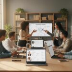 Bureau moderne lumineux avec une équipe collaborant sur des profils détaillés de buyer personas en utilisant les meilleurs outils marketing en 2025.
