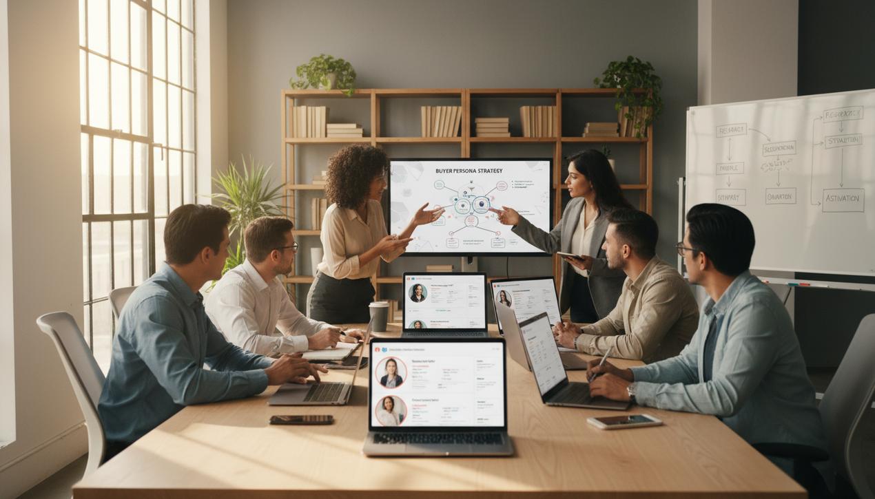 Bureau moderne lumineux avec une équipe collaborant sur des profils détaillés de buyer personas en utilisant les meilleurs outils marketing en 2025.
