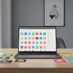 Espace de travail moderne avec laptop affichant différentes icônes favicon colorées et logos des meilleurs générateurs favicon en 2025