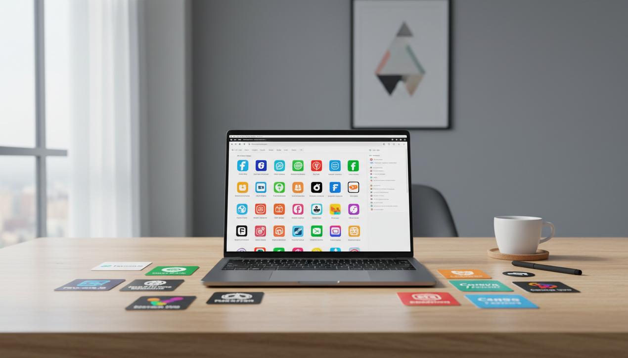 Espace de travail moderne avec laptop affichant différentes icônes favicon colorées et logos des meilleurs générateurs favicon en 2025