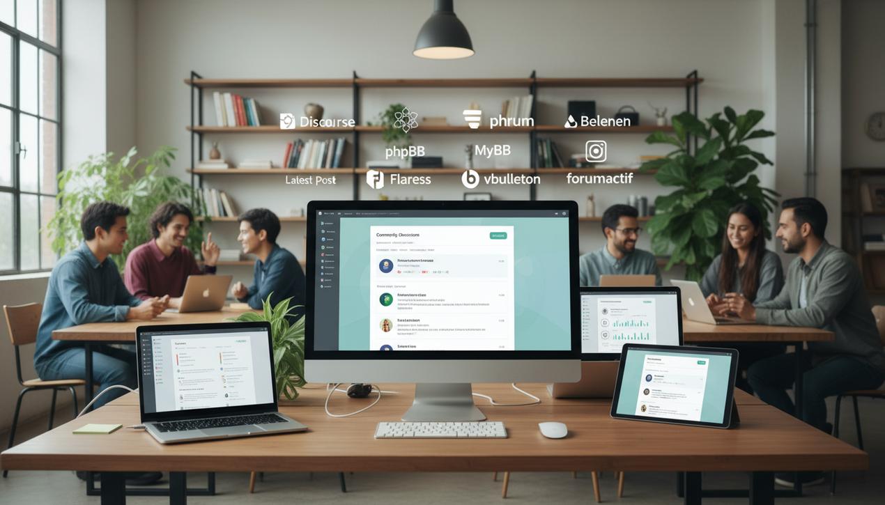 Un espace de travail moderne illustrant la création d'un forum engageant en 2025 avec les logos des meilleures plateformes et une ambiance chaleureuse.