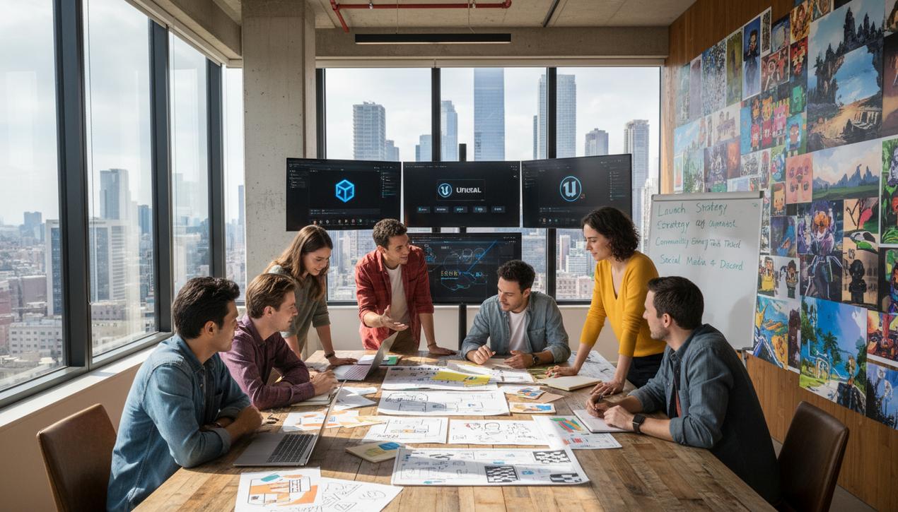 Espace de travail moderne avec équipe diverse concevant un jeu mobile utilisant Unity et Unreal Engine en 2025.