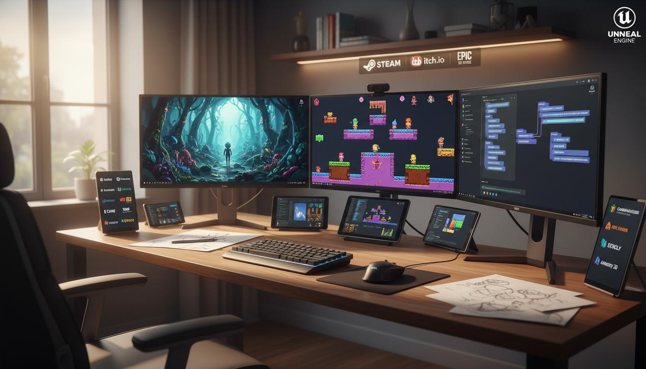 Espace de travail moderne avec plusieurs écrans affichant les logiciels gratuits de création de jeux vidéo populaires en 2025 dans une ambiance lumineuse naturelle chaleureuse