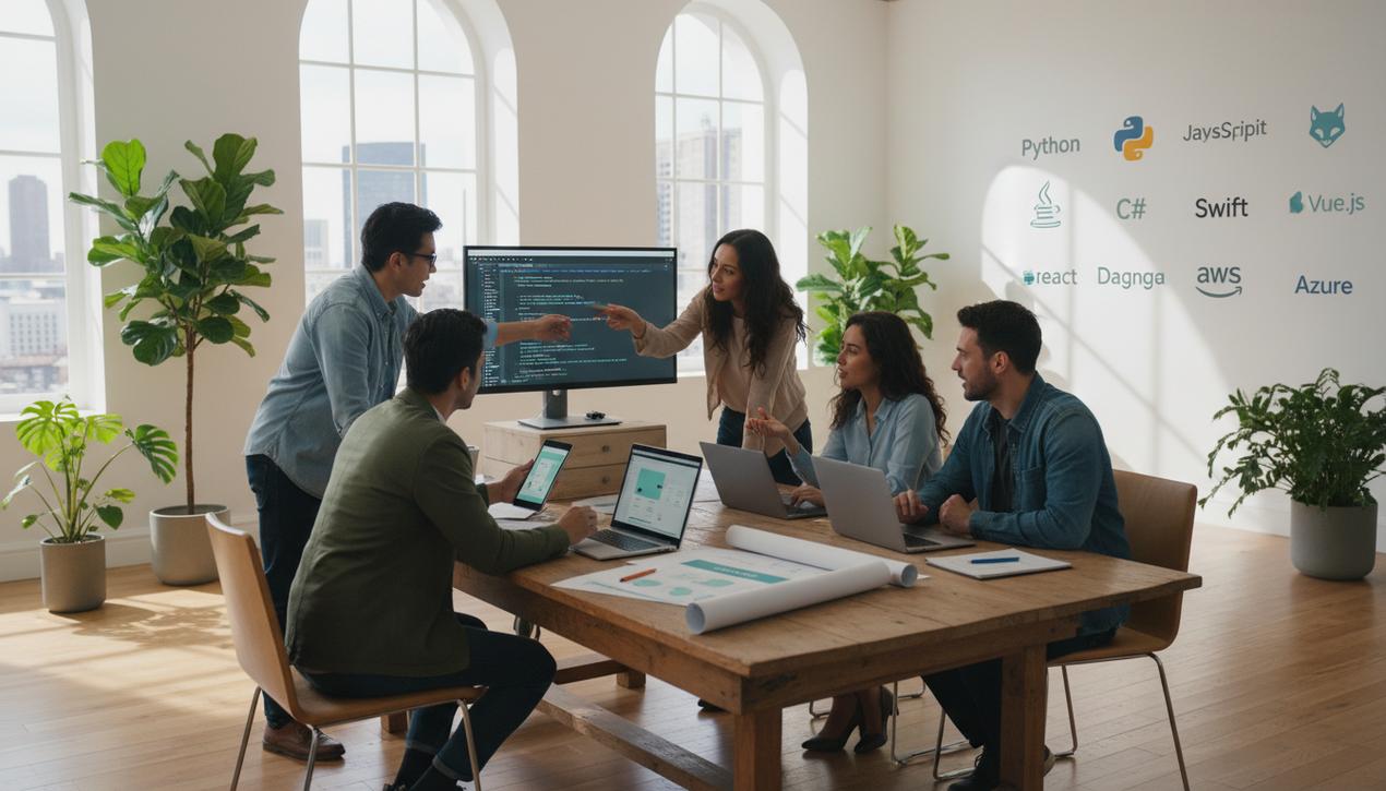 Une équipe professionnelle collabore dans un bureau lumineux et moderne avec des appareils numériques et logos de technologies clés pour créer un logiciel en 2025.