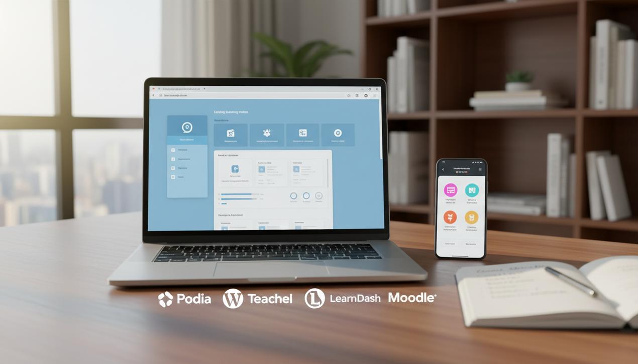 Espace de travail lumineux montrant un entrepreneur créant une plateforme e-learning professionnelle avec outils et logos populaires.