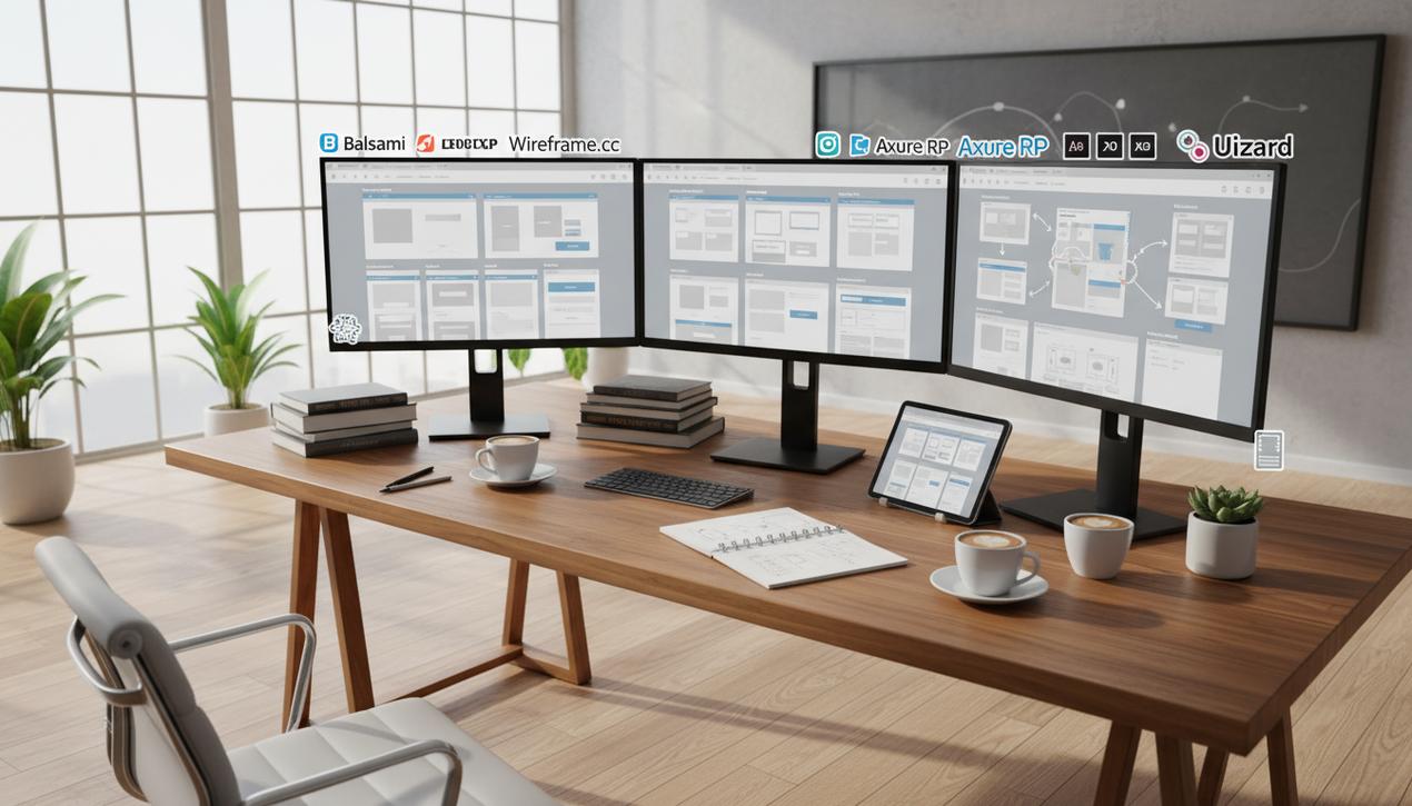 Espace de travail moderne éclairé par lumière naturelle avec écrans affichant wireframes web et logos d'outils populaires de design digital.