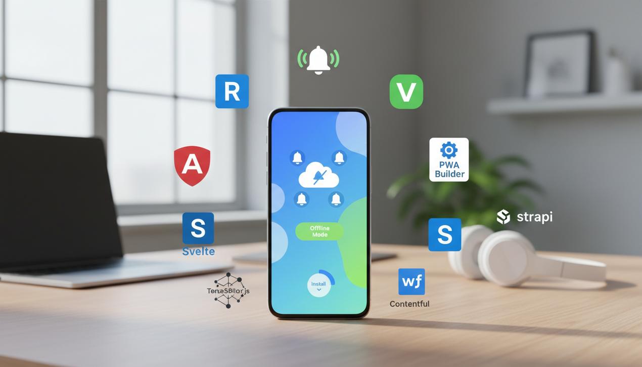 Smartphone moderne affichant une interface d'application web progressive en 2025 entouré des logos des outils et frameworks clés dans un environnement de bureau lumineux et professionnel.