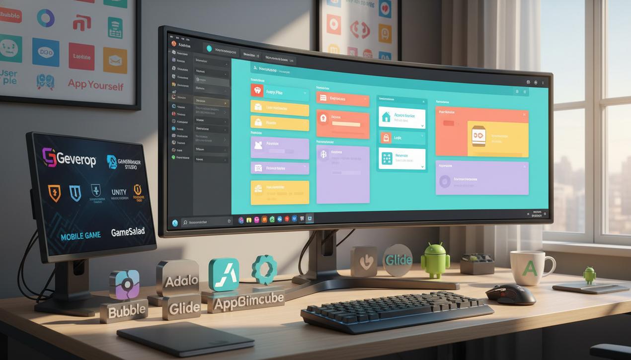 Bureau moderne éclairé par la lumière naturelle avec logo Android et outils no-code pour création d'applications mobiles en 2025