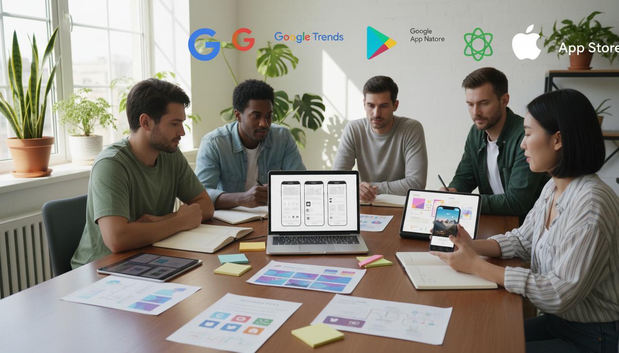 Espace de travail moderne en 2025 avec équipe développant une application mobile et outils stratégiques visibles.