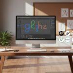 Espace de travail créatif avec ordinateur affichant un éditeur de polices et logos d'outils gratuits pour création de webfont en 2025.