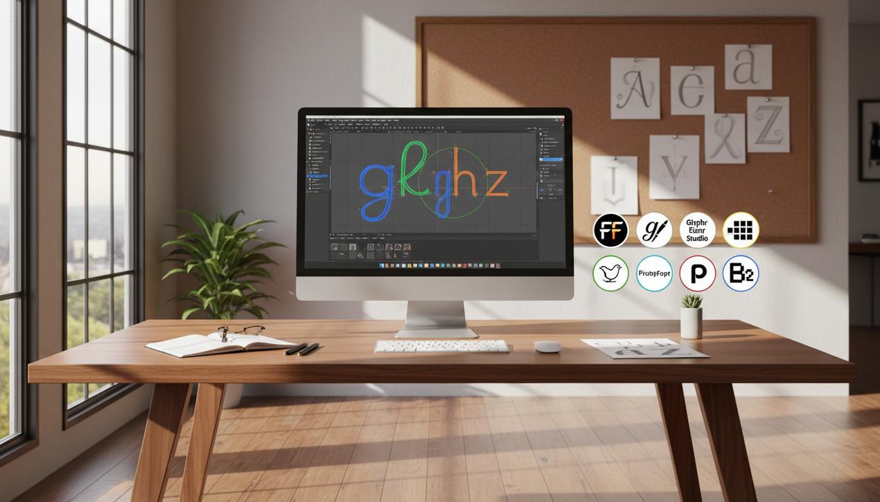 Espace de travail créatif avec ordinateur affichant un éditeur de polices et logos d'outils gratuits pour création de webfont en 2025.