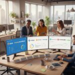 Espace de travail moderne avec entrepreneurs analysant les meilleures plateformes de crowdfunding en 2025 pour startups.