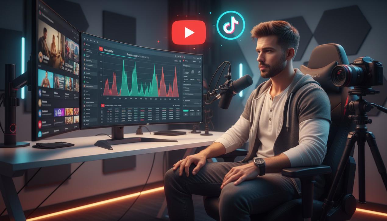 Un créateur de contenu dans son studio moderne en 2025, analysant ses stratégies de croissance sur YouTube et TikTok.