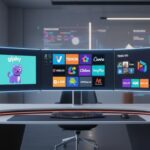 Espace de travail digital moderne illustrant la création et personnalisation de GIFs animés avec logos des meilleurs outils 2025.