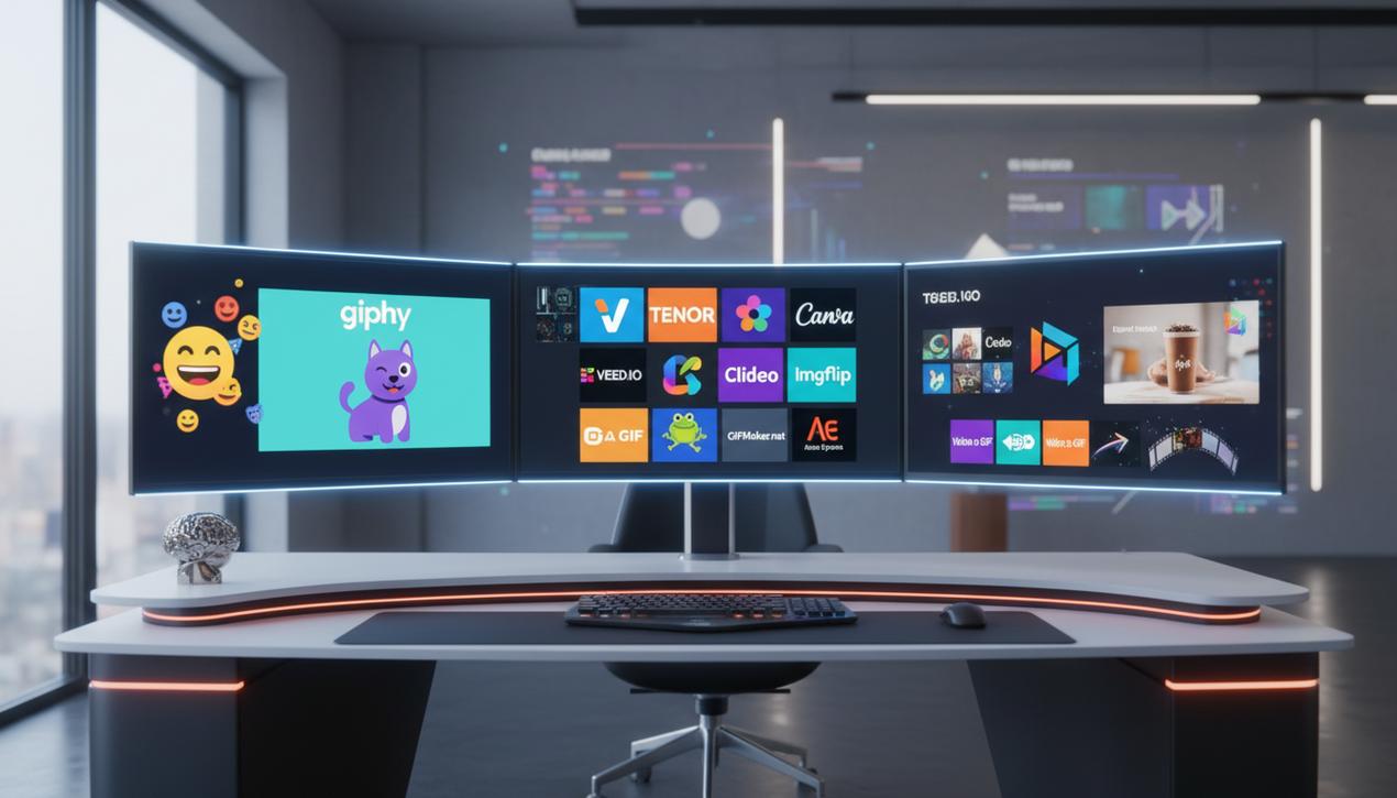 Espace de travail digital moderne illustrant la création et personnalisation de GIFs animés avec logos des meilleurs outils 2025.
