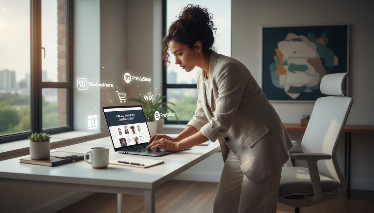 Une entrepreneure déterminée devant son ordinateur portable, en train de créer un site e-commerce gratuit avec les logos des meilleures plateformes.