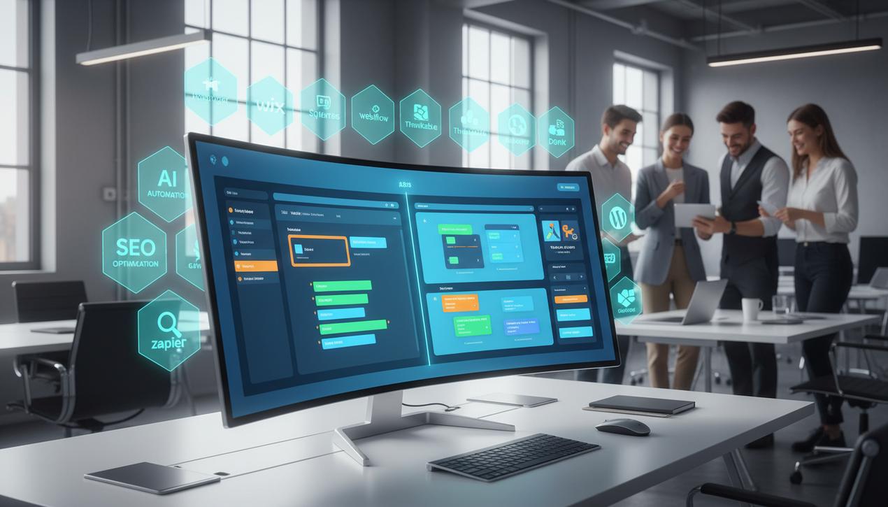 Vue détaillée d'un espace de travail moderne avec un écran affichant les 13 meilleurs outils no-code de 2025 entourés de logos célèbres pour la création de sites web et applications.