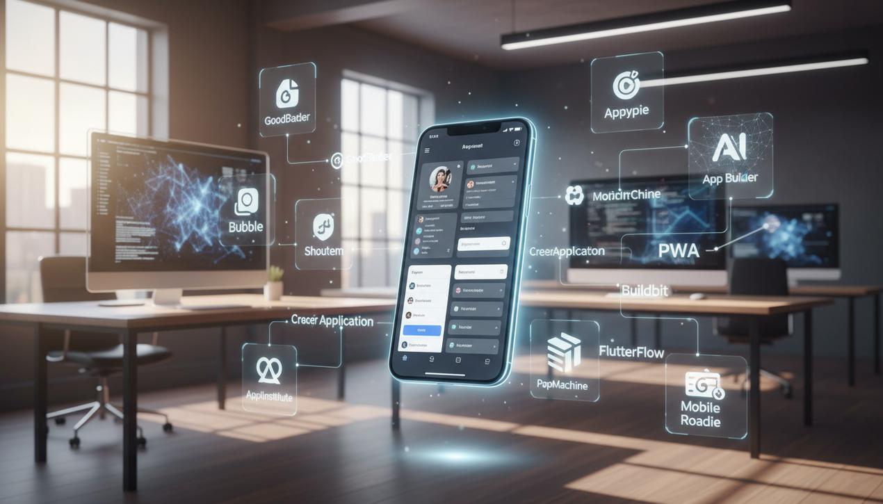 Vue moderne illustrant la création d'applications mobiles en 2025 avec les logos des principales plateformes no-code et low-code.