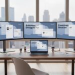 Espace de travail moderne en 2025 dédié au design d'applications mobiles avec interfaces épurées et logos d'outils essentiels.