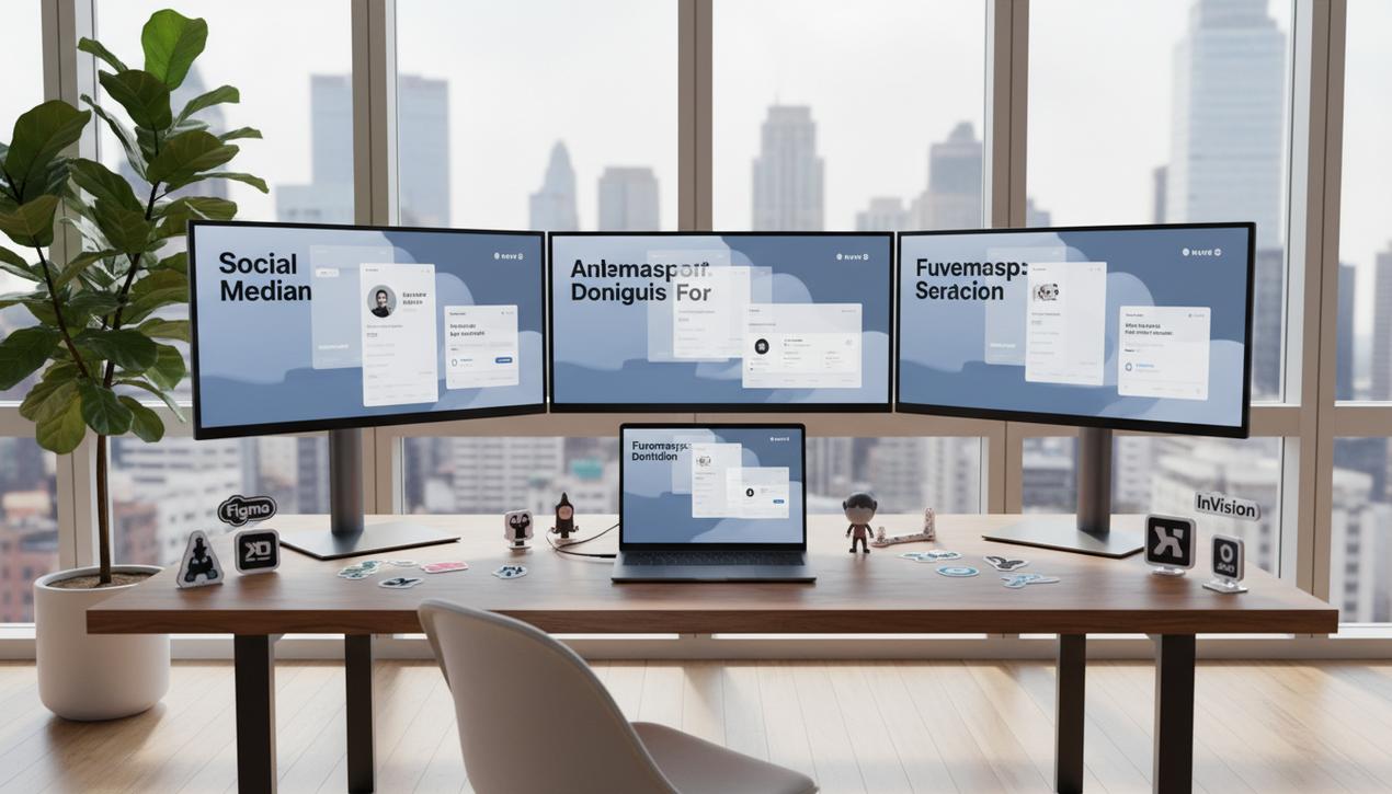 Espace de travail moderne en 2025 dédié au design d'applications mobiles avec interfaces épurées et logos d'outils essentiels.