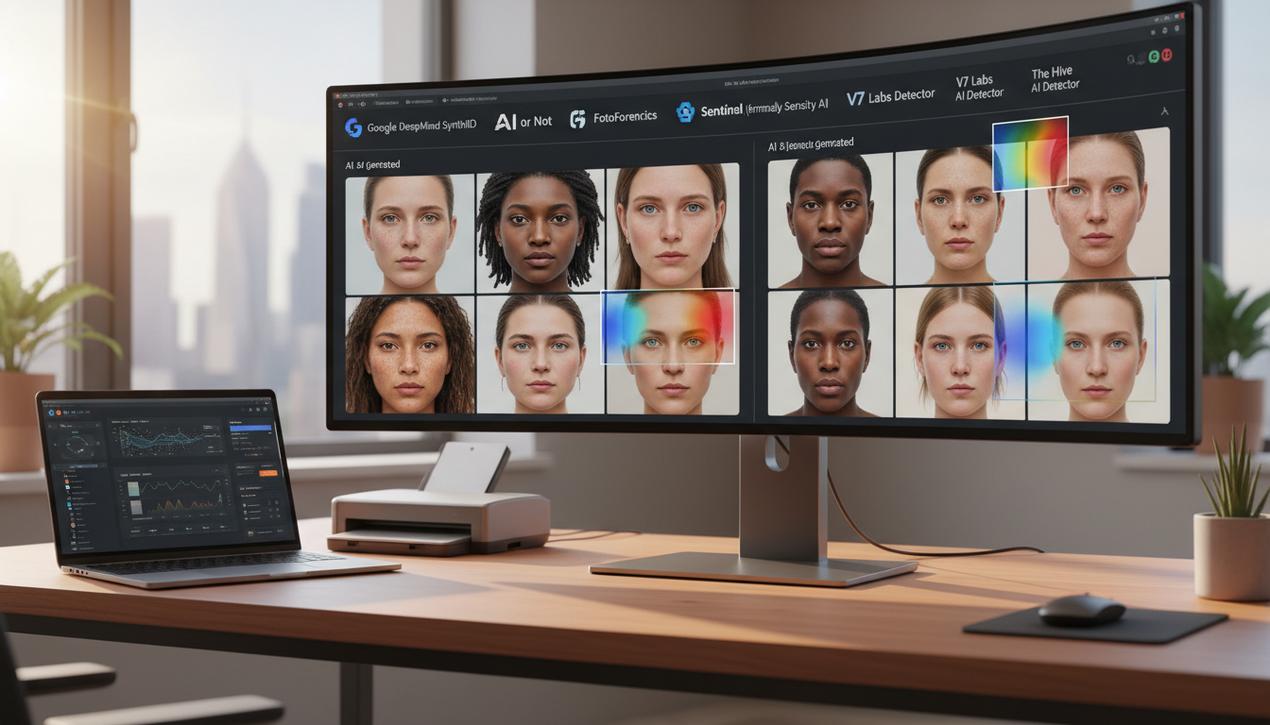 Un bureau moderne avec un écran affichant des outils de détection d’images AI comparant photos humaines et créations numériques en 2025