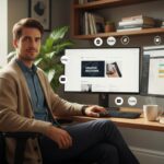 Un professionnel freelance travaille dans un bureau moderne et lumineux avec des outils numériques visibles et un décor chaleureux en 2025.