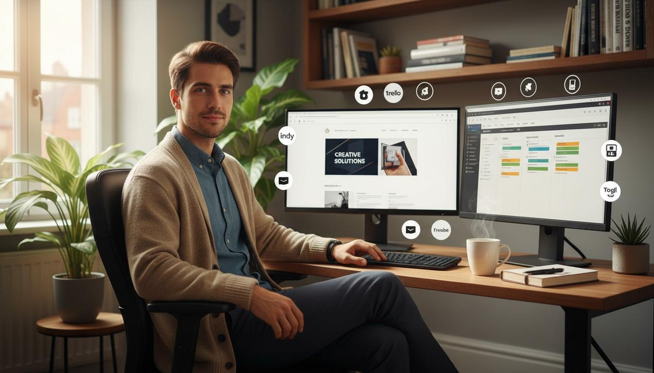 Un professionnel freelance travaille dans un bureau moderne et lumineux avec des outils numériques visibles et un décor chaleureux en 2025.