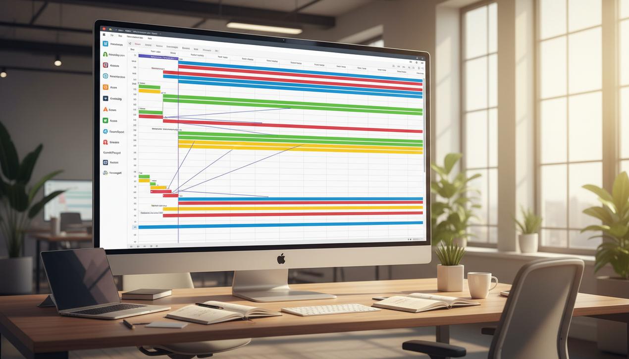 Un diagramme de Gantt détaillé affiché sur un écran tactile moderne dans un bureau lumineux et professionnel, intégrant les logos des principaux outils de gestion de projet.