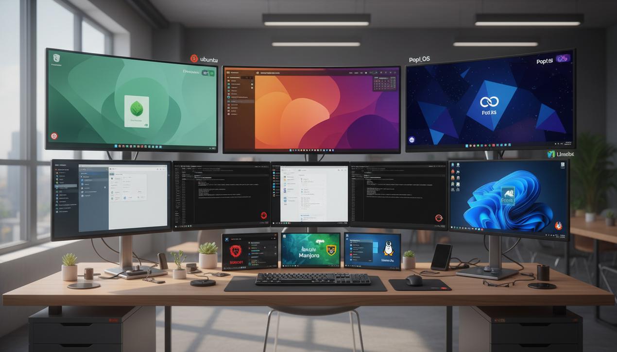Bureau moderne avec plusieurs écrans affichant les interfaces des meilleures distributions Linux de 2025 et leurs logos distinctifs.