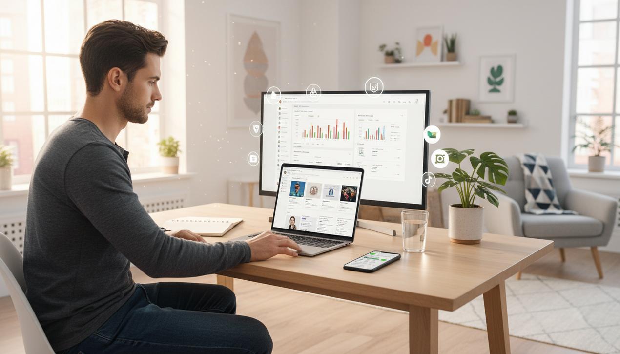 Un entrepreneur moderne travaille en 2025 sur une boutique de dropshipping avec logos des outils e-commerce en arrière-plan dans un bureau lumineux.