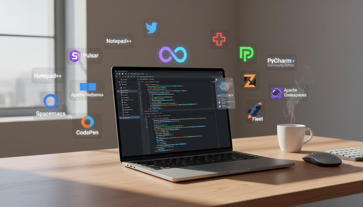 Espace de travail moderne montrant un ordinateur avec Visual Studio Code au centre et logos des 12 éditeurs de code gratuits en 2025.