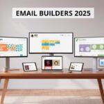 Un bureau moderne éclairé naturellement avec plusieurs écrans affichant des interfaces d'email builders gratuits populaires en 2025, décor professionnel, lumineux et organisé.