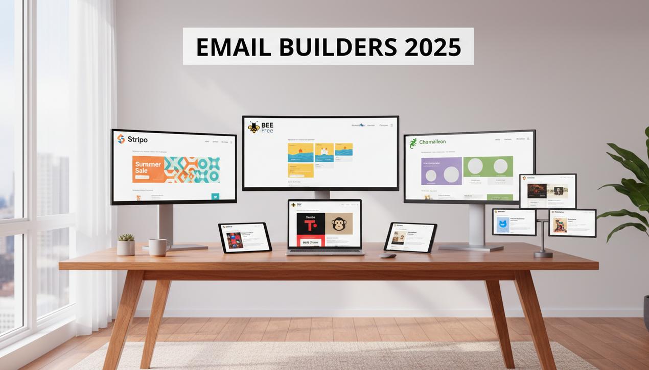 Un bureau moderne éclairé naturellement avec plusieurs écrans affichant des interfaces d'email builders gratuits populaires en 2025, décor professionnel, lumineux et organisé.