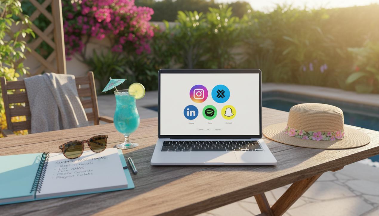 Scène extérieure d'été avec un bureau coloré pour réseaux sociaux, incluant un ordinateur portable, boissons tropicales, et logos des plateformes sociales actuelles.
