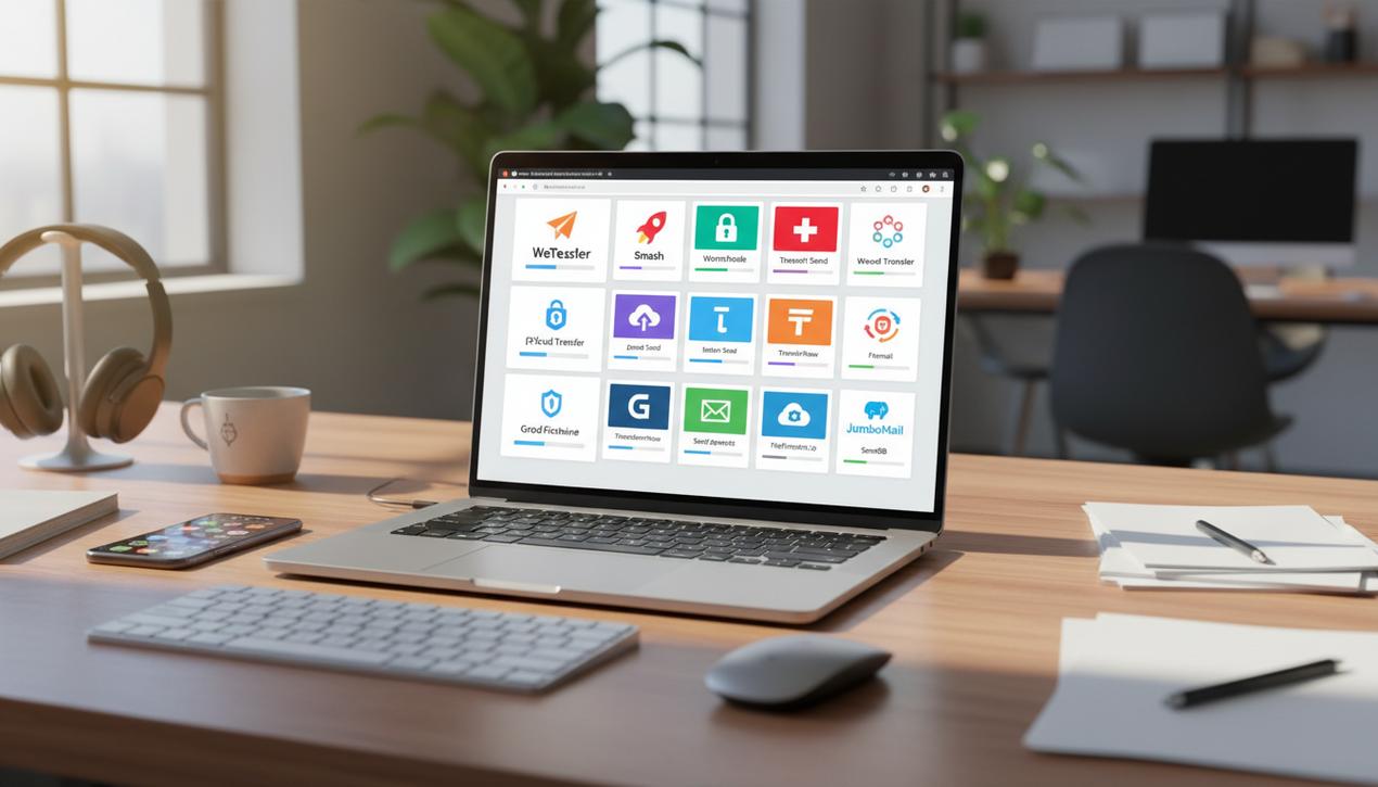 Un bureau moderne avec un ordinateur affichant les logos et interfaces colorées des principaux services d'envoi de gros fichiers sécurisés en 2025, lumière naturelle.
