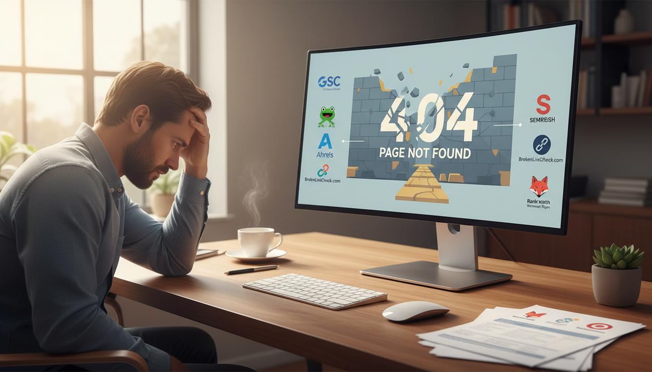 Espace de travail moderne avec ordinateur affichant une page erreur 404 et logos d'outils SEO essentiels pour la correction des liens brisés.